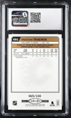 2016-17 UD O-Pee-Chee Update #681 Matthew Tkachuk Black Rainbow Foil 065/100 CSG 9.5 MINT + back